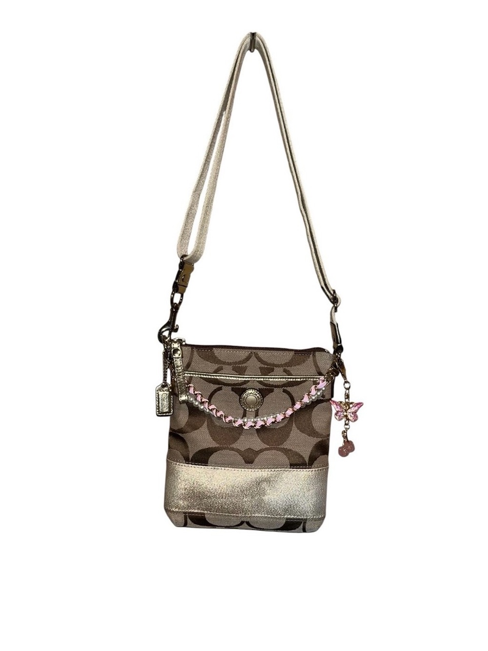Y2K Coach Signature Jacquard Crossbody Bag Brown Khaki | Coquette Pearl Chain